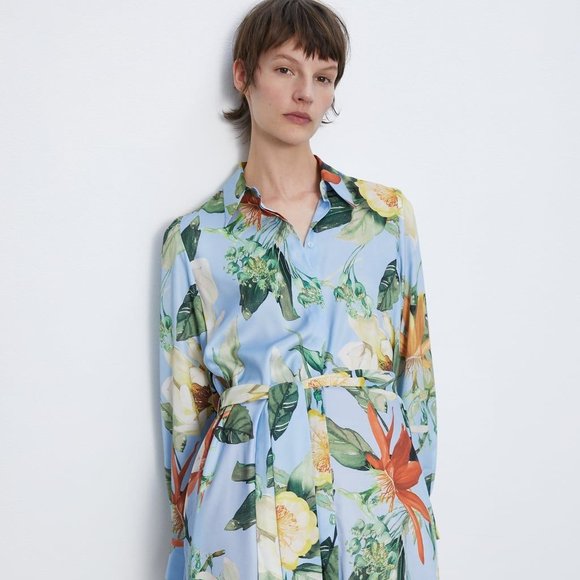 ZARA Woman's Belted Printed SHIRT Dress Light Blue Floral w/Pockets - Picture 1 of 3
